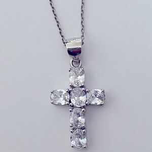 925 Silver cross necklace oval cz stones